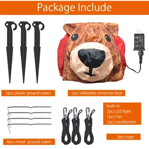 Detail set of 2.1m inflatable Christmas bear with stakes, ropes, blower, and LED lights