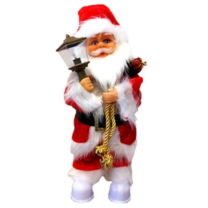 30cm electric Santa Claus doll with red velvet suit, vintage lantern and gift bag decor