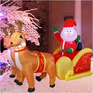 Macro view of inflatable Santa Claus on sleigh with two reindeer and LED lights