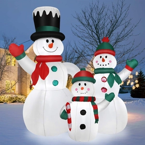 Three inflatable Christmas snowmen outdoor yard decoration with colorful winter accessories