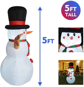 Close-up of 5ft tall glowing Christmas inflatable snowman with built-in LED lights