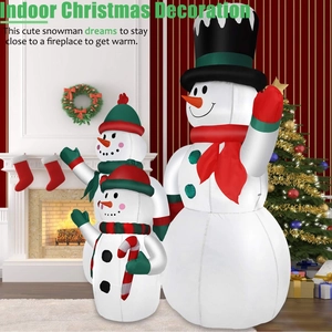 Inflatable Christmas snowman family set with festive indoor holiday fireplace background