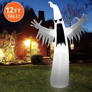 Giant 12ft Halloween inflatable white ghost with pumpkin and glowing lights for yard decor