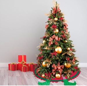 Christmas tree skirt with green elf legs and red fabric featuring wavy scalloped edges