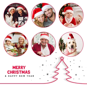 Collage of family and pets wearing plush red Santa hats for Christmas celebration