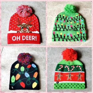 LED Christmas Light Up Knit Hat For Adult Kids Glowing Santa Hat Reindeer Gingerbread Pattern Winter Festive Beanie Hat