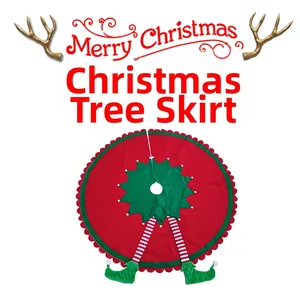 Detailed view of red Christmas tree skirt with green trim and striped elf legs decor