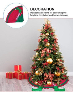 Detail of Christmas tree skirt with plush striped elf legs and red green wavy scalloped edges