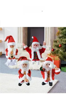 Detailed close-up of musical Santa Claus dolls with instruments and festive red outfits