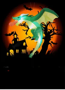 Detailed view of an inflatable green dragon with LED lights for Halloween outdoor hanging