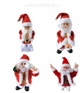 Detail set of four musical electric Santa Claus figures playing instruments and dancing