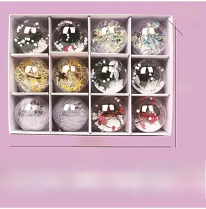 Macro view of twelve clear Christmas ball ornaments filled with berries and pine needles