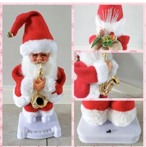Detail view of musical Santa Claus doll with saxophone, fiber optic lights and ON/OFF switch
