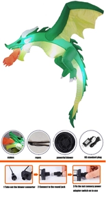 Inflatable Halloween dragon details showing blower, stakes, and US plug power adapter