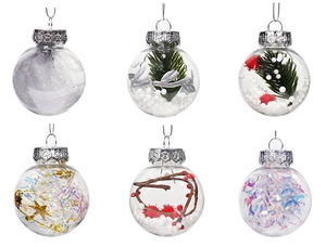 Detailed grid of six clear Christmas ornaments with varied festive interior fillings