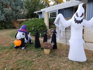 Décoration d'Halloween pour jardin avec fantôme gonflable et chien squelette