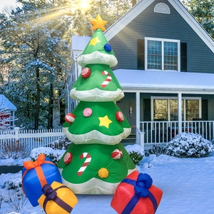 Inflatable Christmas tree outdoor decor with colorful gift boxes on snowy lawn
