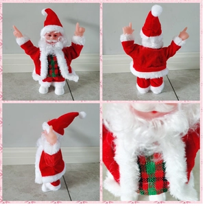 Detailed views of electric dancing Santa Claus in red plush outfit with plaid vest details