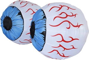 Detailed view of two inflatable Halloween eyeballs with glowing LED and red bloodshot veins