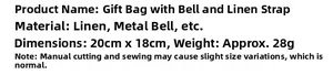 Linen Christmas gift bag specifications with bell, size 20x18cm and 28g weight details