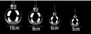 Clear plastic Christmas ball ornaments shown in 10cm, 8cm, 6cm, and 5cm diameters