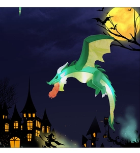 Inflatable Halloween dragon with LED lights soaring against a yellow full moon background