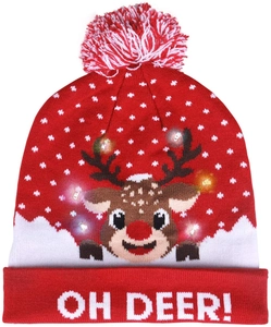 Detail of knitted Christmas beanie featuring LED reindeer and OH DEER text embroidery