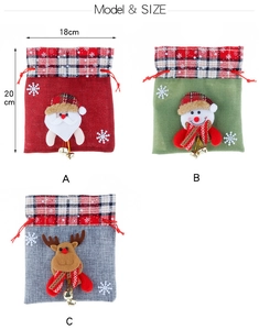Three-color Christmas drawstring gift bags featuring Santa, Snowman, and Reindeer appliques