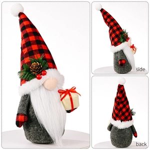 Detailed views of a Christmas gnome with buffalo plaid hat and festive pine cone accents