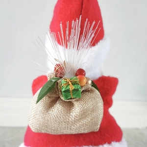 Electric musical dancing Santa Claus ornament with detailed red velvet and burlap gift bag