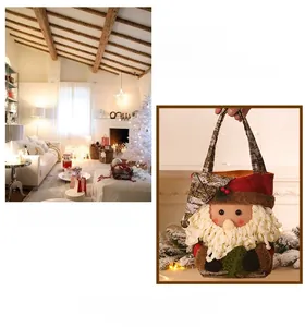 Detail of Christmas Santa gift bag with 3D plush beard and festive green tree accents