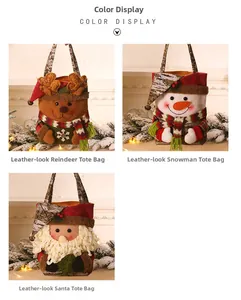 Detail of Christmas gift bags featuring reindeer, snowman, and Santa plush embroidery