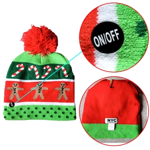 Colorful LED knitted Christmas hat with gingerbread man patterns and a red pompom