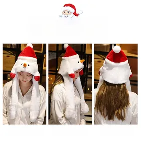 Plush snowman hat with moving ears showing front, side, and back views for Christmas gift