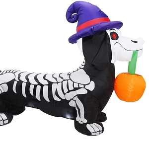 Teckel gonflable d'Halloween de 1,5m avec squelette, chapeau de sorcier et LED