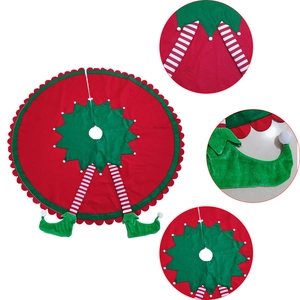 Red and green Christmas elf leg tree skirt with striped stockings and pointed shoes