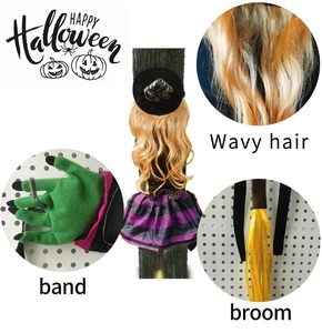 Detailed back view of Halloween tree crashing witch with orange hair and purple skirt