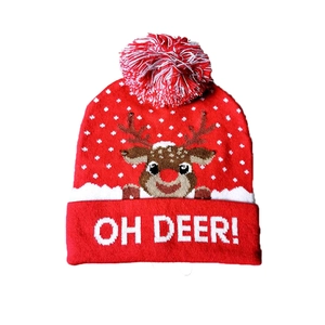 Red knit Christmas beanie with colorful LED lights, reindeer pattern and Oh Deer text