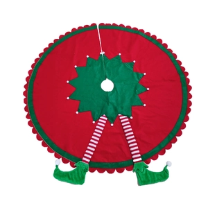 Classic red and green Christmas tree skirt featuring fun striped elf legs and pom-poms