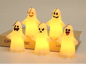 Detail of five cute LED ghost lights with various expressions and hanging hooks for Halloween