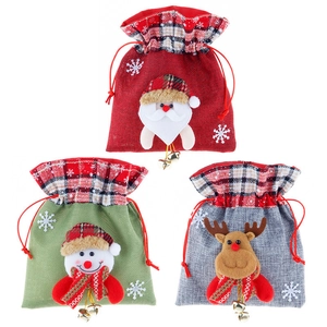 Christmas burlap gift bags set with plush Santa Snowman Reindeer and bells