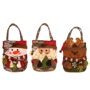 Three Christmas gift bags featuring plush Santa, Snowman, and Reindeer with wood grain handles