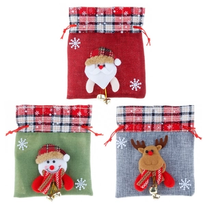 Three-piece Christmas burlap drawstring gift bags with Santa, Snowman and Elk figurines