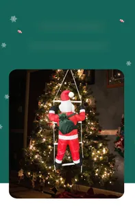 Close-up of Santa Claus climbing ladder with green gift bag festive ornament