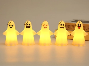Set of five hanging Halloween ghost LED candles with various facial expressions