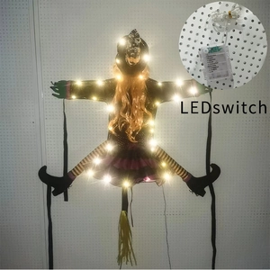Detail of Halloween witch hanging decoration featuring LED battery box and 8 light modes