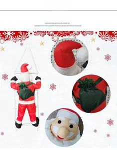 Detailed close-up of Santa Claus doll climbing a rope ladder with gift bag