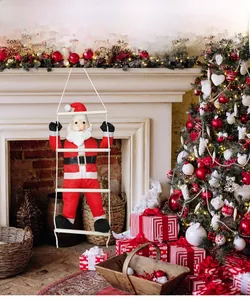Detailed close-up of 60cm Santa Claus figure climbing a white rope ladder for Christmas decor