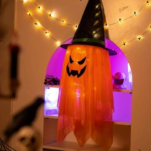 Fantasma di Halloween arancione luminoso con cappello da mago e LED per decoro festa