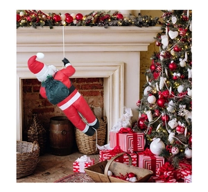 Detail of 60cm Santa Claus climbing rope decoration with green gift bag and plush suit